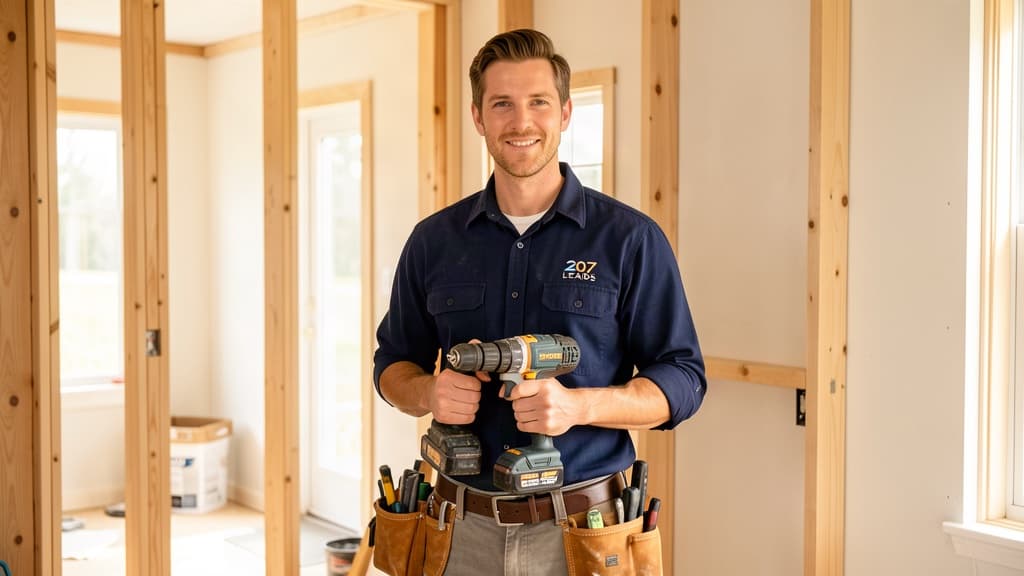 A 207 Leads contractor in a branded work shirt on a home renovation job site in Maine